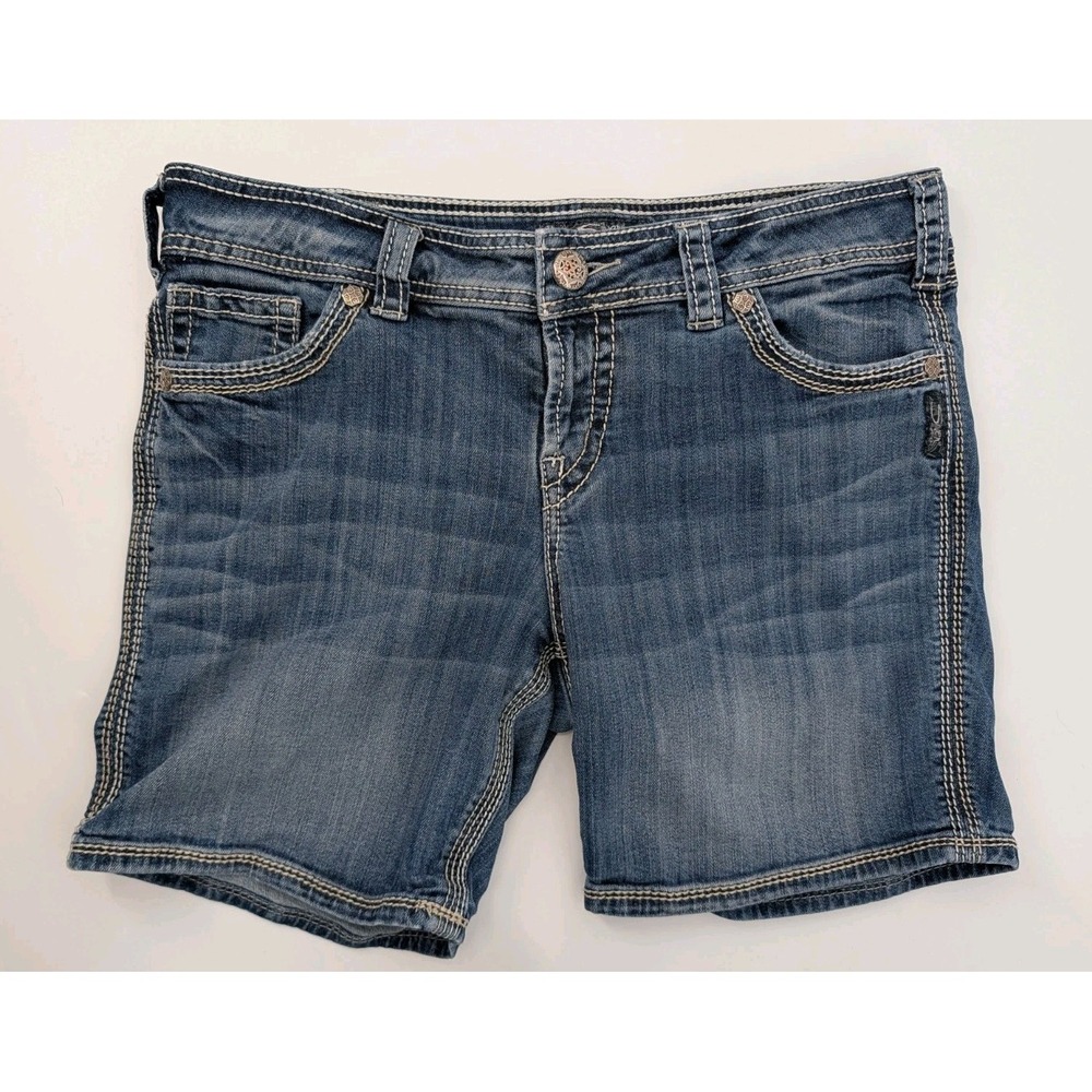 Silver Jeans Denim Suki Flap Shorts Size W31 Med Wash Thick Stitch Western Boho